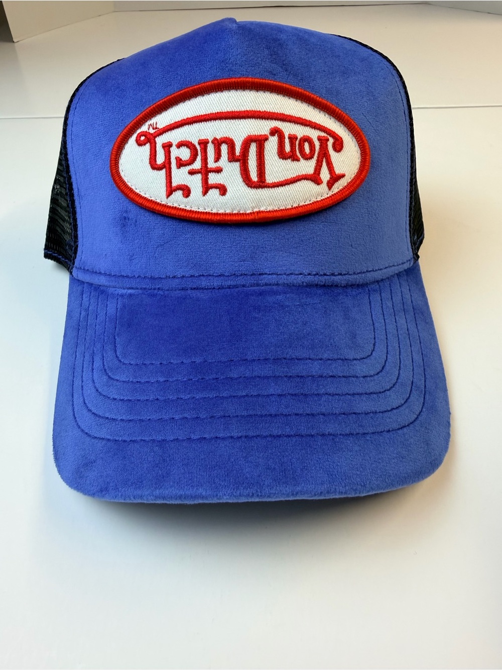 Von Dutch Electric Blue Velvet Trucker Hat with upside-down Logo NWT Y2K